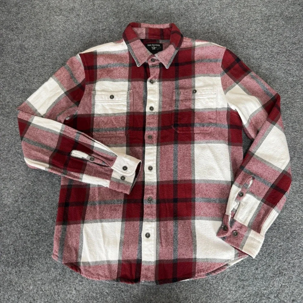 True Religion Mens Small Plaid Flannel Button Up Shirt Red‎ Long Sleeve Western